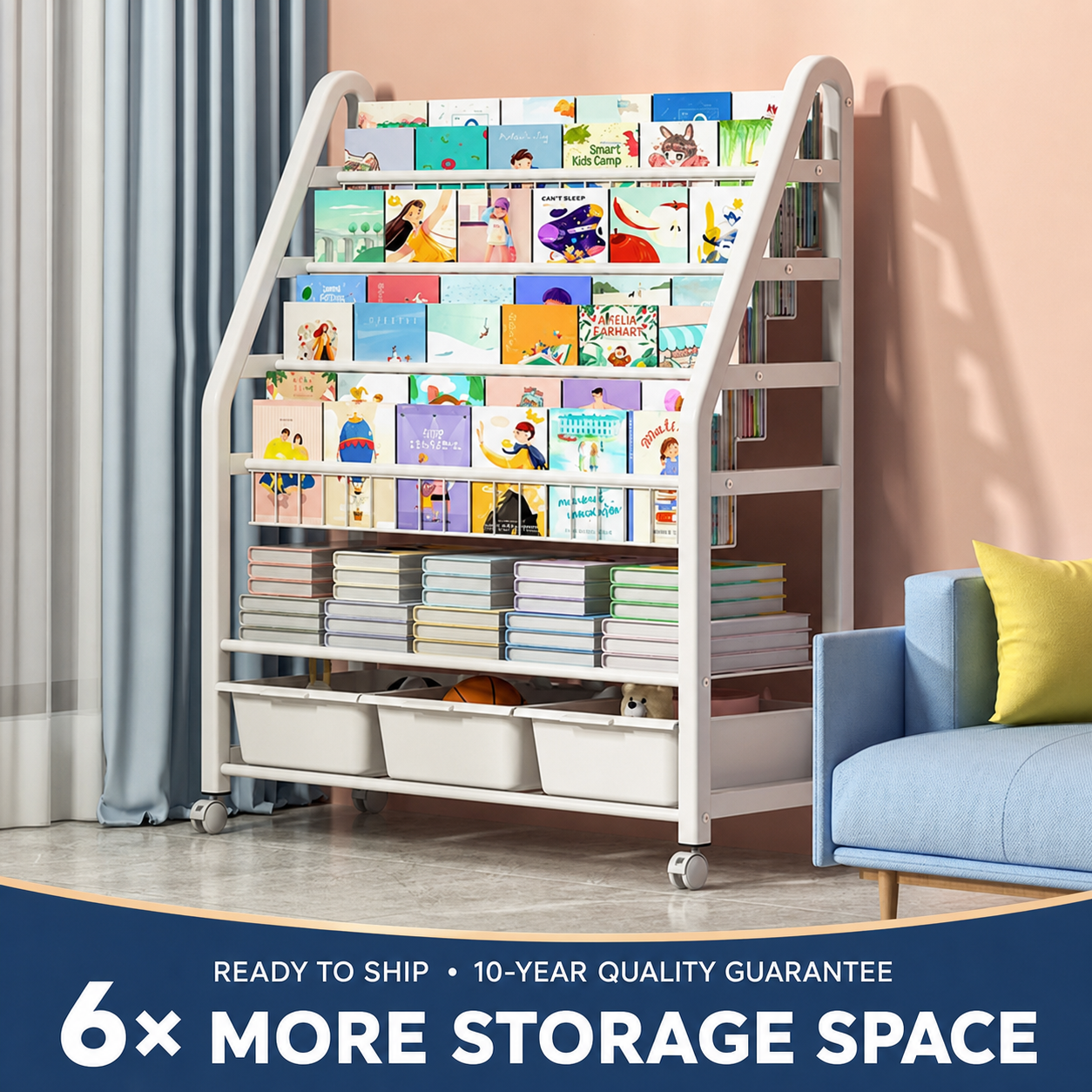 Freestanding Multi-Tier Mobile Toy Storage Rack with Bookshelf detail
