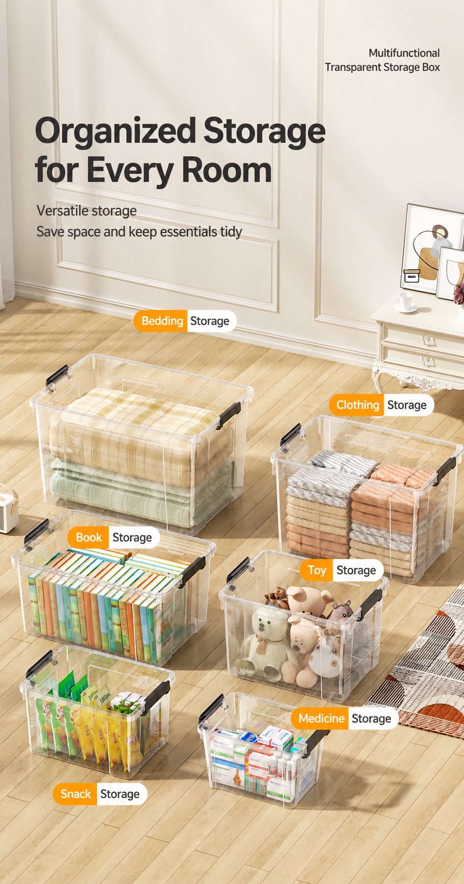 Clear Large storage organizer box Plastic storage organizer box Large detail