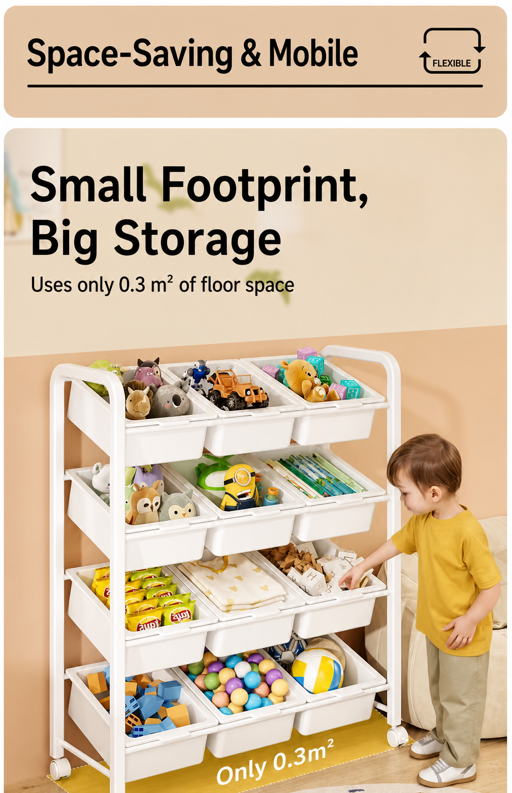 Freestanding Multi-Tier Mobile Toy Storage Rack with Bookshelf detail