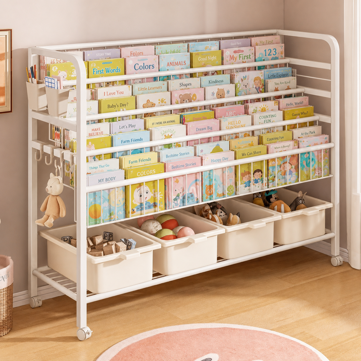 Freestanding Multi-Tier Mobile Toy Storage Rack with Bookshelf detail