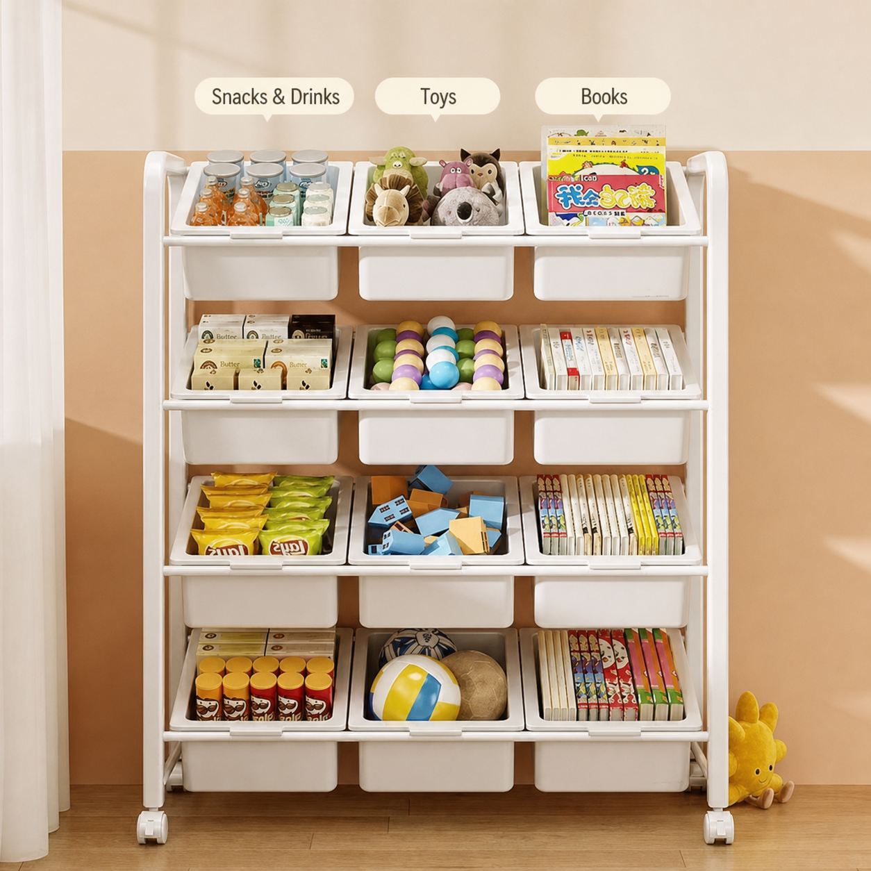 Freestanding Multi-Tier Mobile Toy Storage Rack with Bookshelf detail