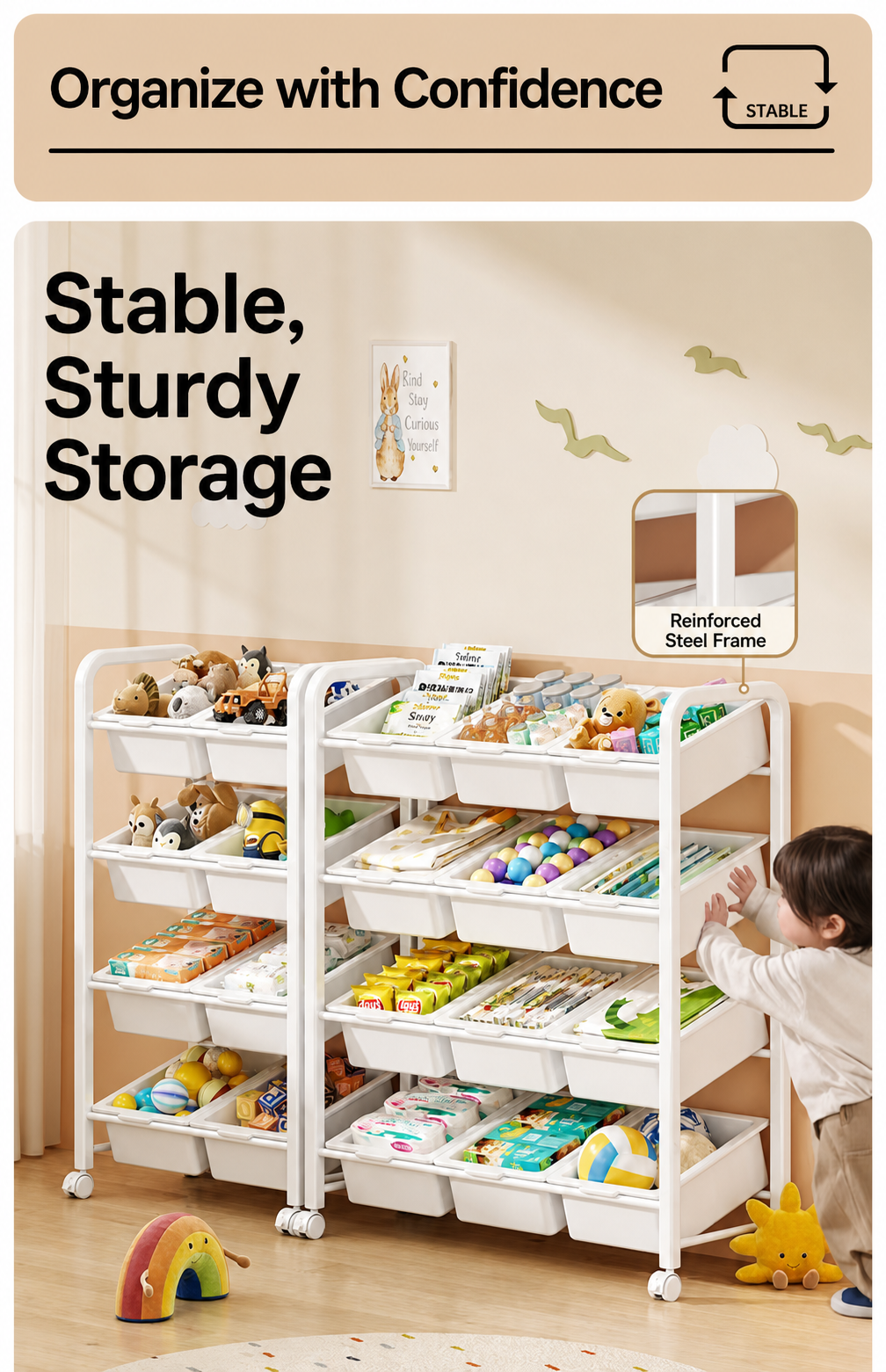 Freestanding Multi-Tier Mobile Toy Storage Rack with Bookshelf detail
