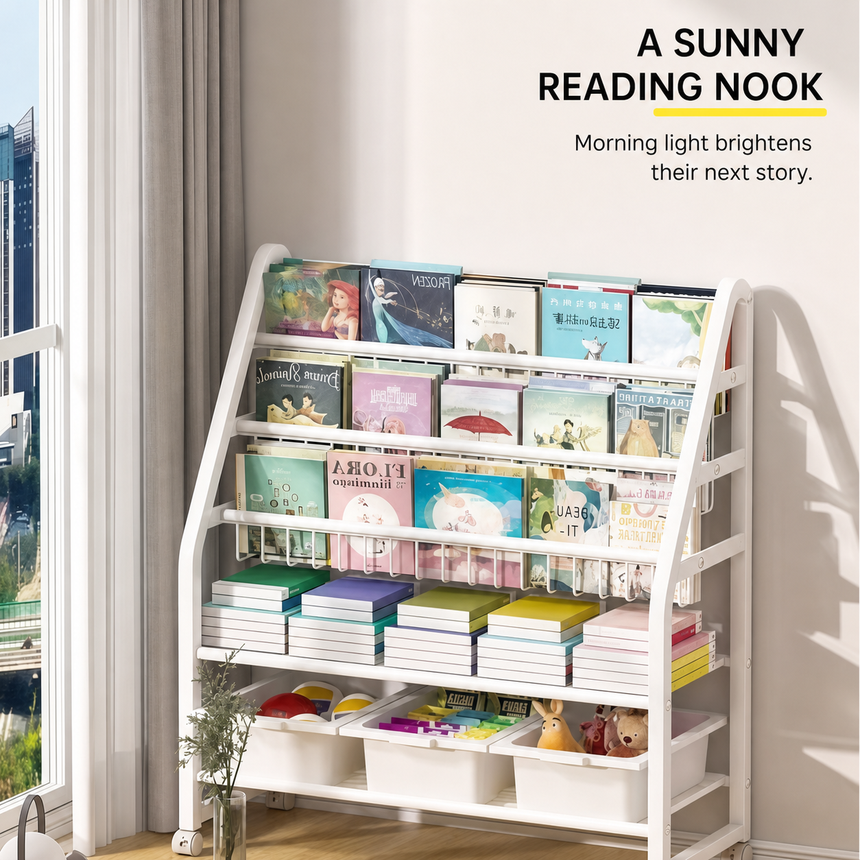 Freestanding Multi-Tier Mobile Toy Storage Rack with Bookshelf detail