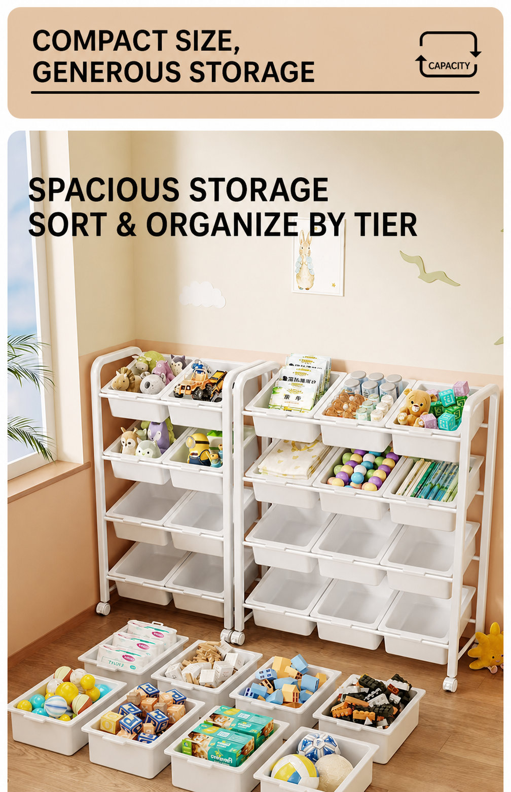 Freestanding Multi-Tier Mobile Toy Storage Rack with Bookshelf detail