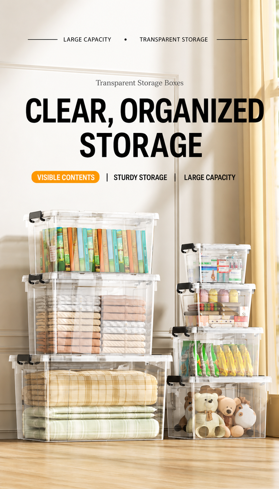 Clear Large storage organizer box Plastic storage organizer box Large detail