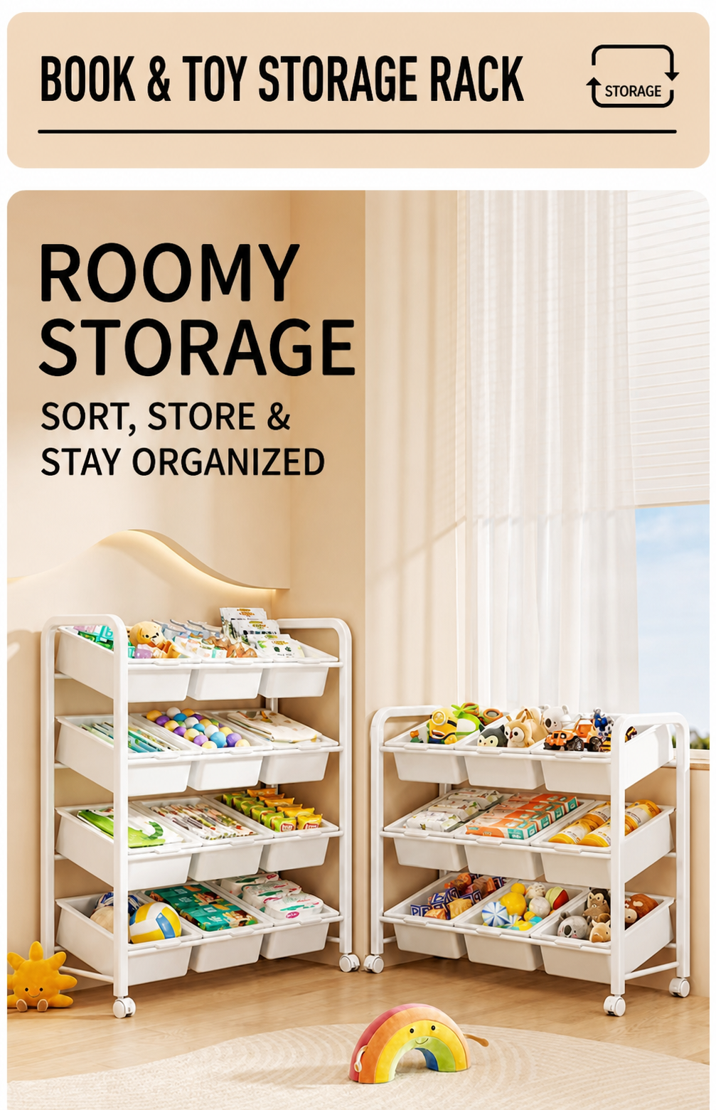 Freestanding Multi-Tier Mobile Toy Storage Rack with Bookshelf detail