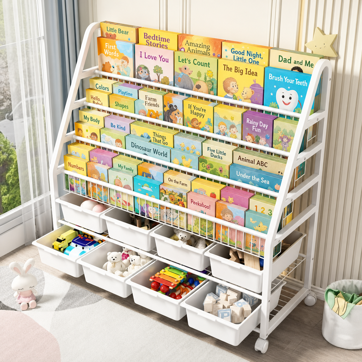 Freestanding Multi-Tier Mobile Toy Storage Rack with Bookshelf detail