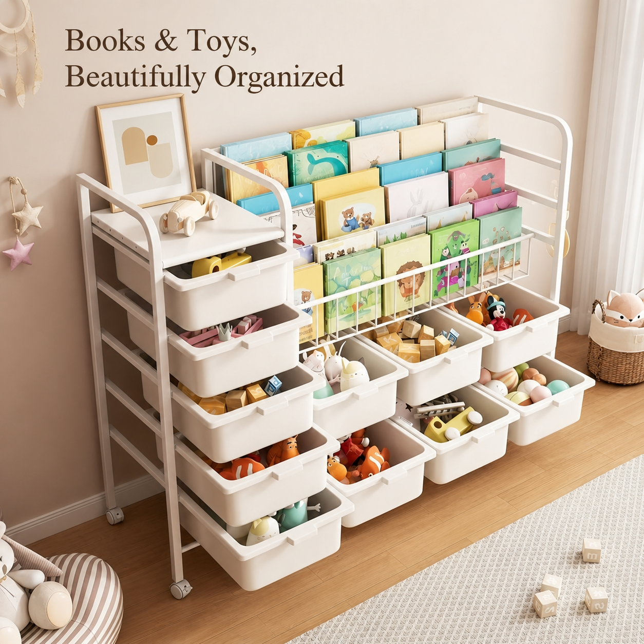 Freestanding Multi-Tier Mobile Toy Storage Rack with Bookshelf detail
