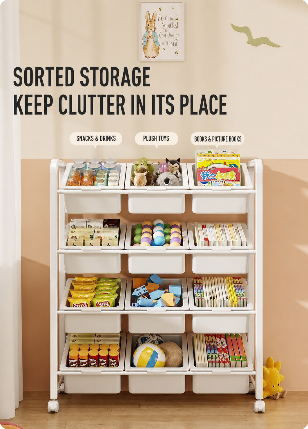 Freestanding Multi-Tier Mobile Toy Storage Rack with Bookshelf detail